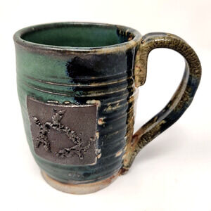 Signed Studio Pottery Mug Sea Turtle Badge Ocean Rustic Industrial Unique 2019